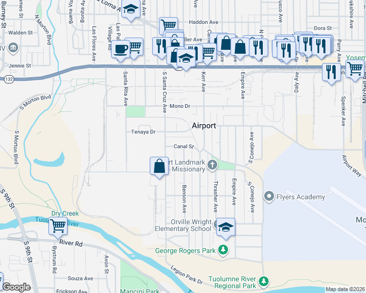 map of restaurants, bars, coffee shops, grocery stores, and more near 517 Benson Avenue in Modesto
