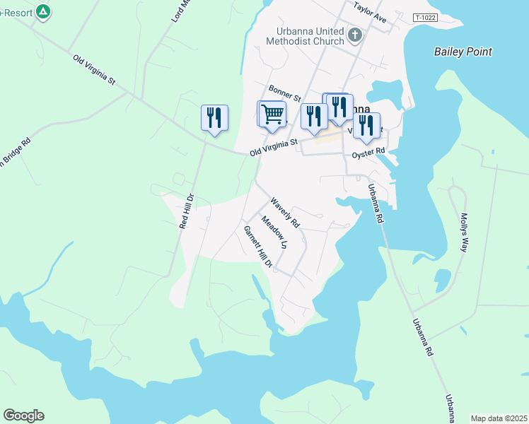 map of restaurants, bars, coffee shops, grocery stores, and more near 15 Meadow Lane in Urbanna