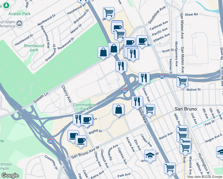 map of restaurants, bars, coffee shops, grocery stores, and more near 1001 National Avenue in San Bruno