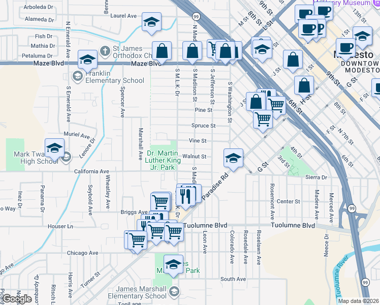 map of restaurants, bars, coffee shops, grocery stores, and more near 313 Walnut Street in Modesto