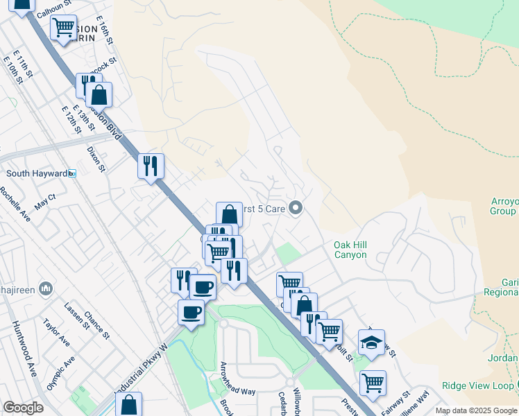 map of restaurants, bars, coffee shops, grocery stores, and more near 698 Overhill Drive in Hayward