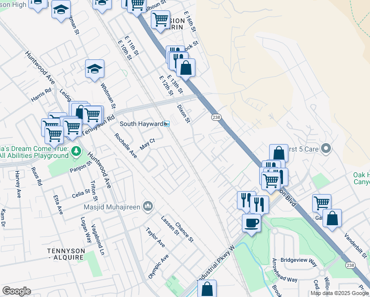 map of restaurants, bars, coffee shops, grocery stores, and more near 29163 Dixon Street in Hayward