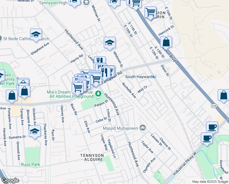map of restaurants, bars, coffee shops, grocery stores, and more near 8 Raintree Court in Hayward