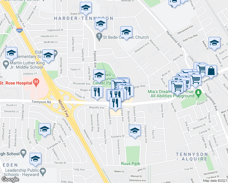 map of restaurants, bars, coffee shops, grocery stores, and more near 27505 Tampa Avenue in Hayward
