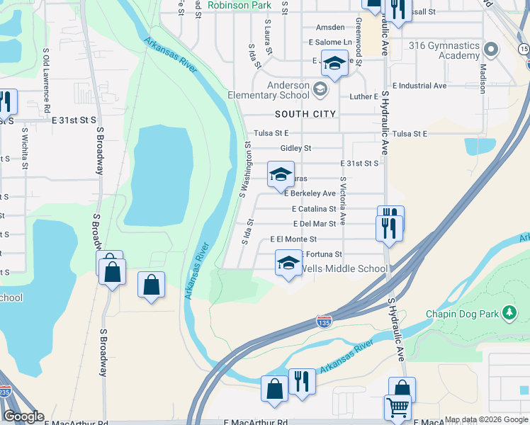map of restaurants, bars, coffee shops, grocery stores, and more near 1115 East Del Mar Street in Wichita