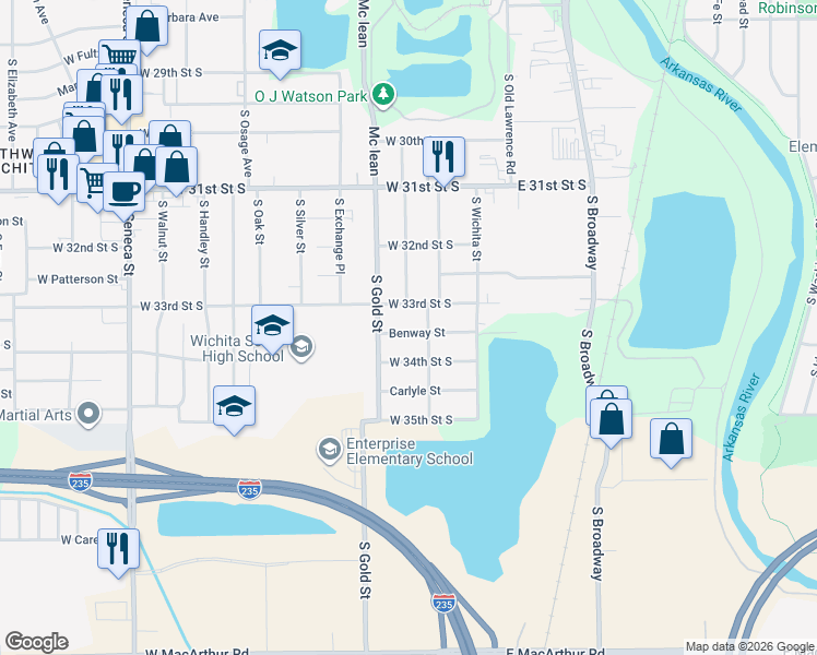 map of restaurants, bars, coffee shops, grocery stores, and more near 402 West 34th Street South in Wichita