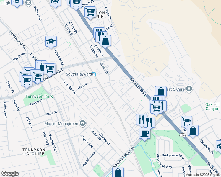 map of restaurants, bars, coffee shops, grocery stores, and more near 29061 Dixon Street in Hayward