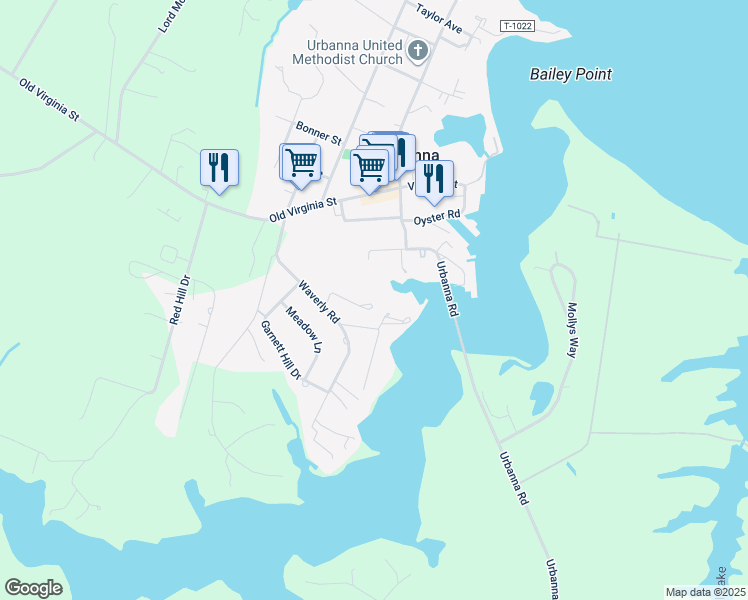 map of restaurants, bars, coffee shops, grocery stores, and more near 271 Waverly Road in Urbanna