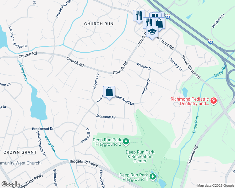 map of restaurants, bars, coffee shops, grocery stores, and more near 10106 Cedar Knoll Lane in Richmond