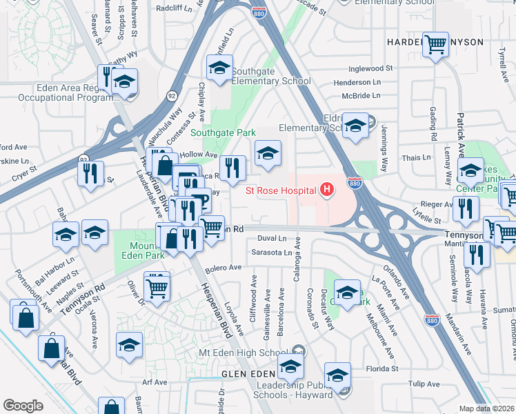 map of restaurants, bars, coffee shops, grocery stores, and more near 2191 West Tennyson Road in Hayward