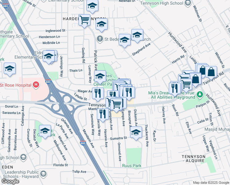 map of restaurants, bars, coffee shops, grocery stores, and more near 27505 Tampa Avenue in Hayward