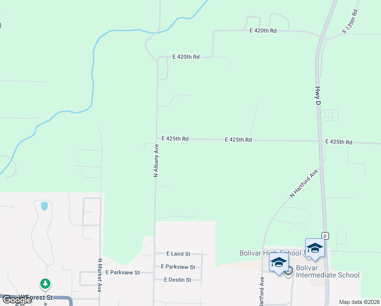 map of restaurants, bars, coffee shops, grocery stores, and more near 1238 East 425th Road in Bolivar