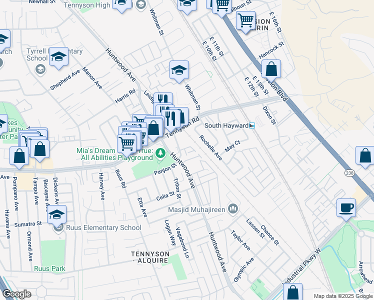 map of restaurants, bars, coffee shops, grocery stores, and more near 32 Astrida Drive in Hayward