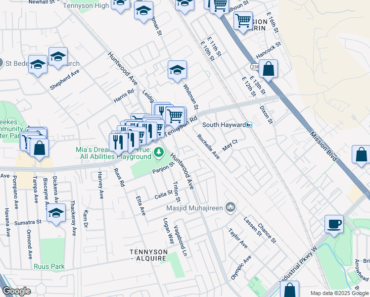 map of restaurants, bars, coffee shops, grocery stores, and more near 41 Astrida Drive in Hayward