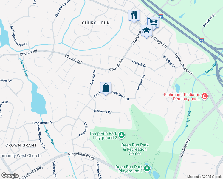 map of restaurants, bars, coffee shops, grocery stores, and more near 10108 Cedar Knoll Lane in Henrico