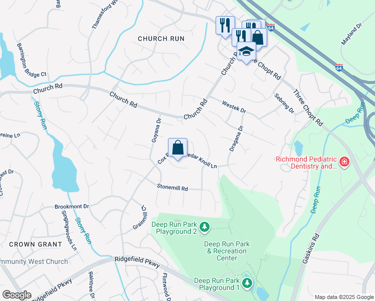 map of restaurants, bars, coffee shops, grocery stores, and more near 10108 Cedar Knoll Lane in Henrico