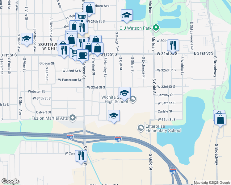 map of restaurants, bars, coffee shops, grocery stores, and more near 3357 South Osage Avenue in Wichita