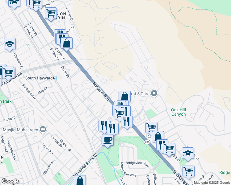 map of restaurants, bars, coffee shops, grocery stores, and more near 675 Delve Court in Hayward