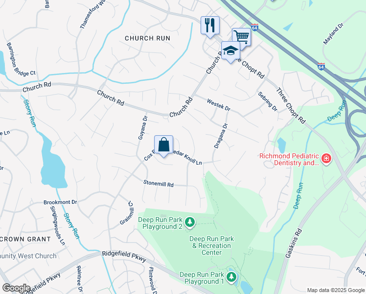 map of restaurants, bars, coffee shops, grocery stores, and more near 2503 Cedar Knoll Court in Richmond