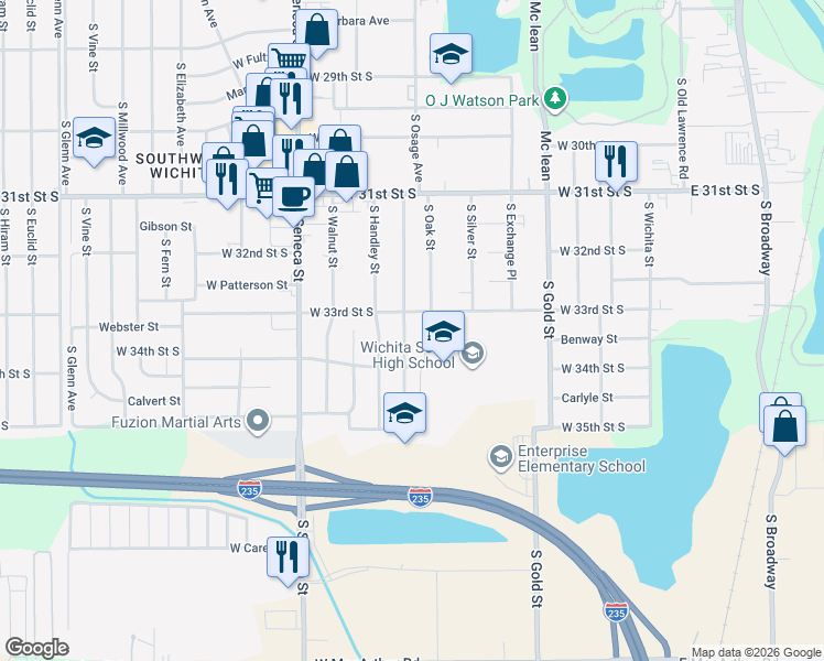 map of restaurants, bars, coffee shops, grocery stores, and more near 3357 South Osage Avenue in Wichita