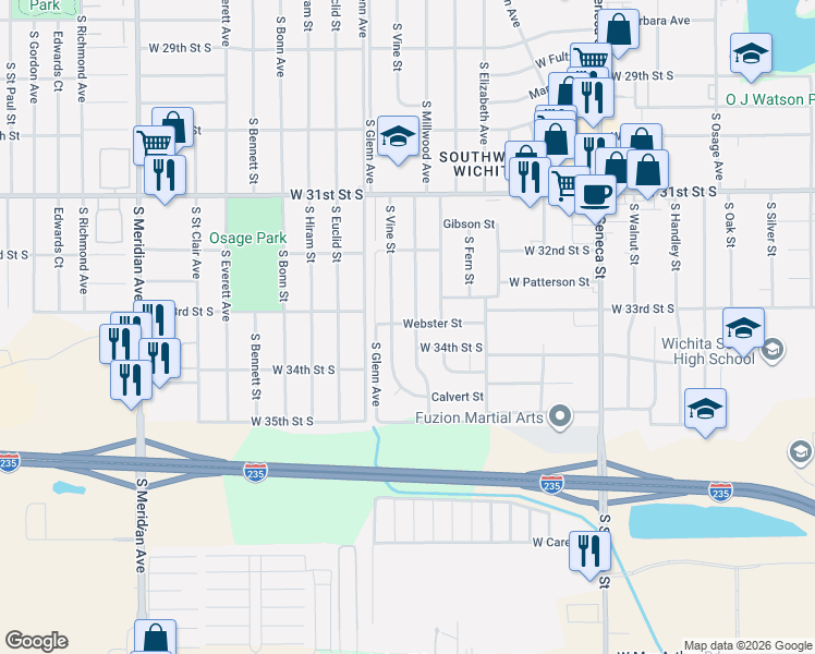 map of restaurants, bars, coffee shops, grocery stores, and more near 3357 South Vine Street in Wichita