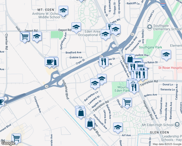 map of restaurants, bars, coffee shops, grocery stores, and more near 26729 Bahama Avenue in Hayward