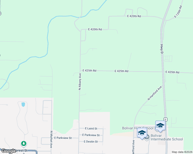 map of restaurants, bars, coffee shops, grocery stores, and more near 1238 East 425th Road in Bolivar