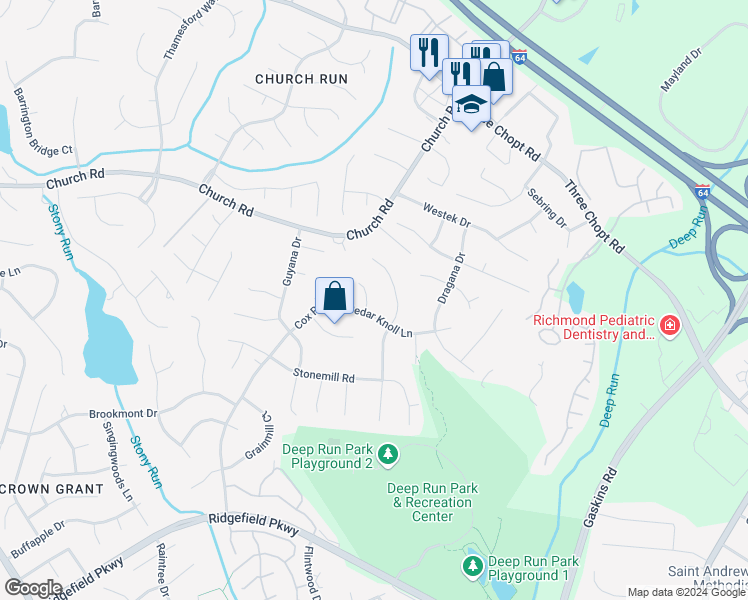 map of restaurants, bars, coffee shops, grocery stores, and more near 2503 Cedar Knoll Court in Richmond