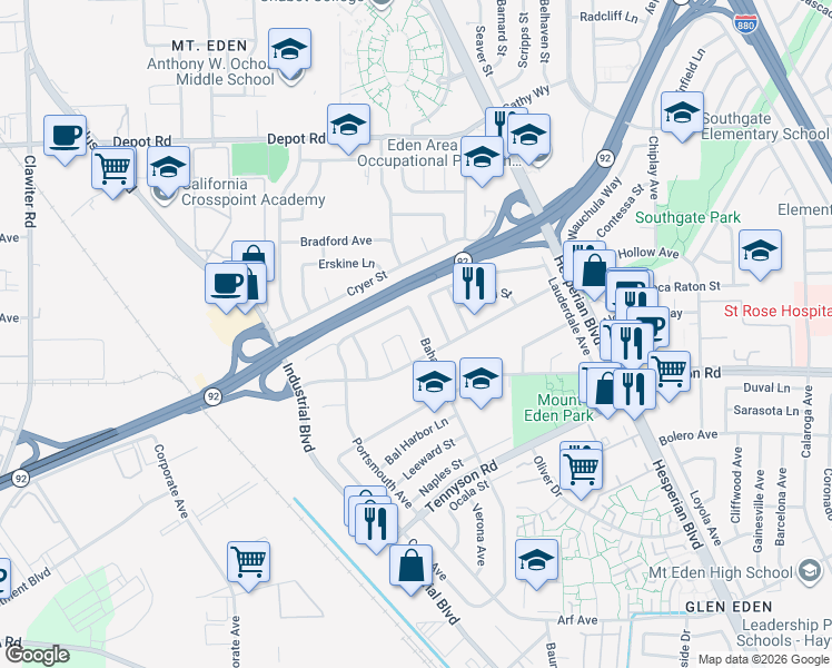 map of restaurants, bars, coffee shops, grocery stores, and more near 26729 Bahama Avenue in Hayward