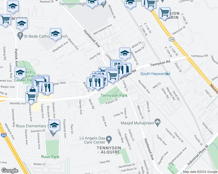 map of restaurants, bars, coffee shops, grocery stores, and more near 390 West Tennyson Road in Hayward