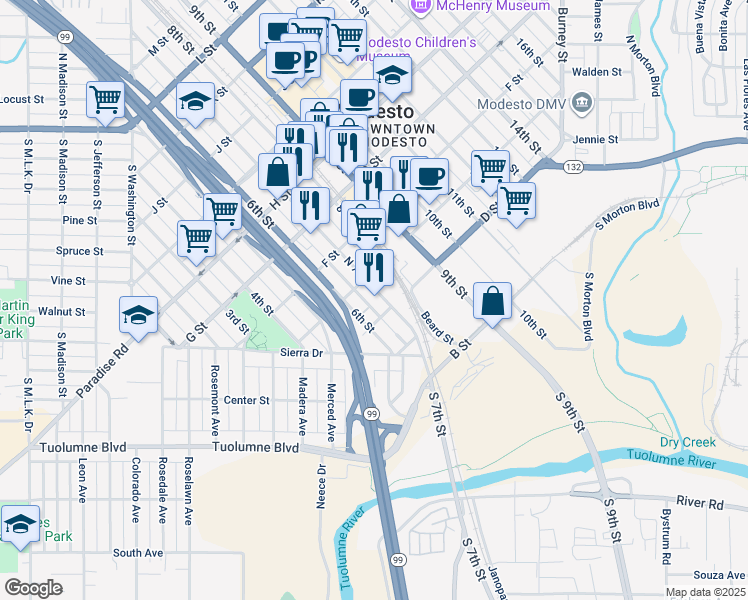 map of restaurants, bars, coffee shops, grocery stores, and more near 501 7th Street in Modesto