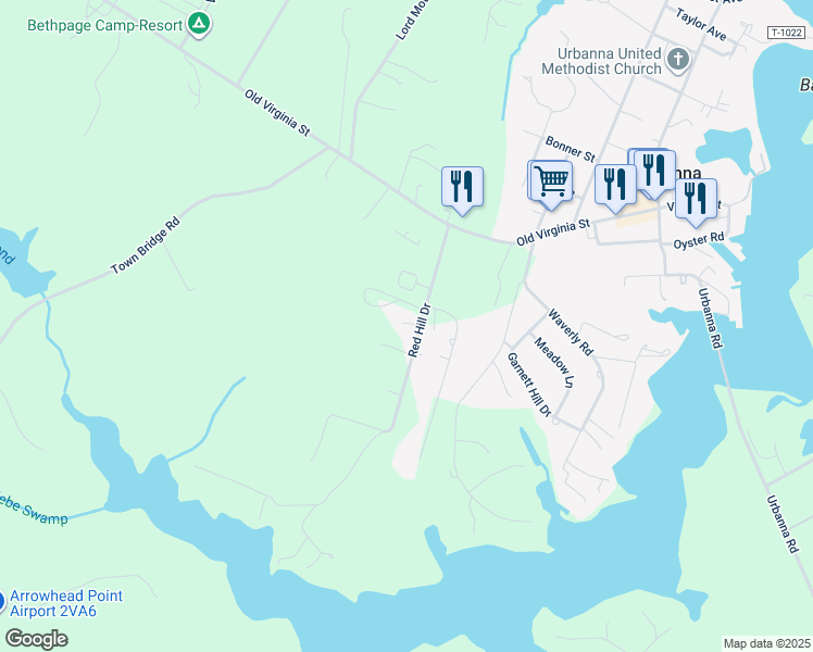 map of restaurants, bars, coffee shops, grocery stores, and more near 232 Red Hill Drive in Urbanna