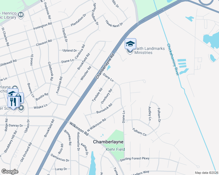 map of restaurants, bars, coffee shops, grocery stores, and more near 8225 Tyndale Road in Richmond