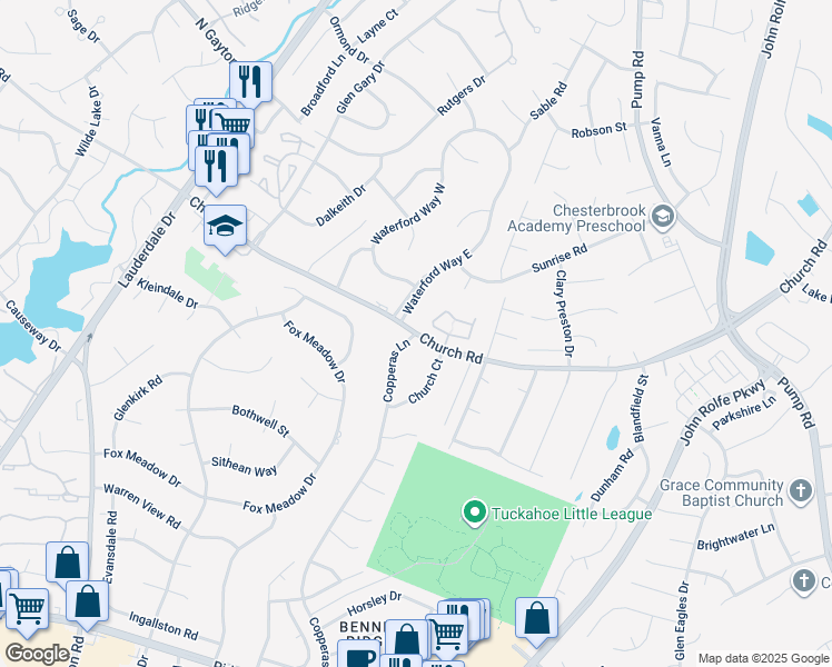 map of restaurants, bars, coffee shops, grocery stores, and more near Church Rd & Copperas Ln in Henrico
