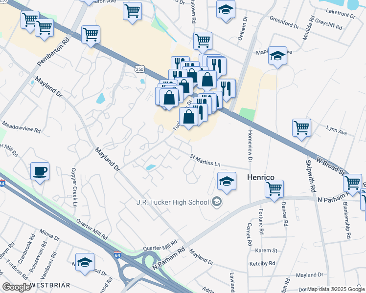 map of restaurants, bars, coffee shops, grocery stores, and more near 9027 Horrigan Court in Henrico