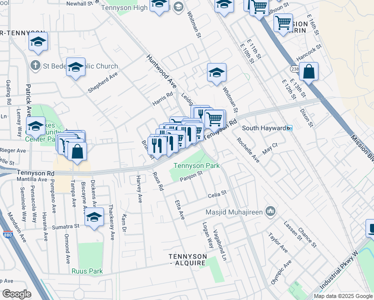 map of restaurants, bars, coffee shops, grocery stores, and more near 390 West Tennyson Road in Hayward