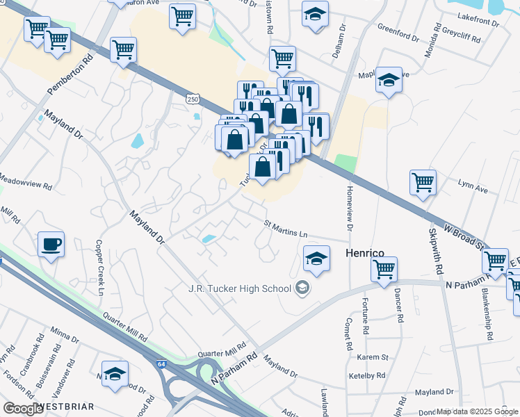 map of restaurants, bars, coffee shops, grocery stores, and more near 9027 Horrigan Court in Richmond