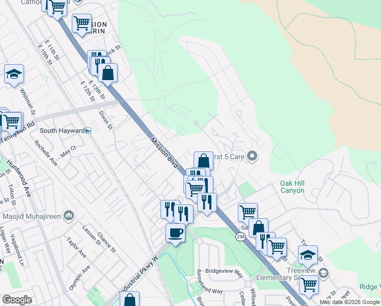 map of restaurants, bars, coffee shops, grocery stores, and more near 725 Delve Court in Hayward