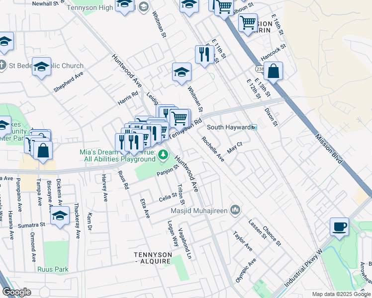map of restaurants, bars, coffee shops, grocery stores, and more near 28279 Rochelle Avenue in Hayward