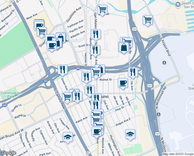 map of restaurants, bars, coffee shops, grocery stores, and more near 965 San Mateo Avenue in San Bruno