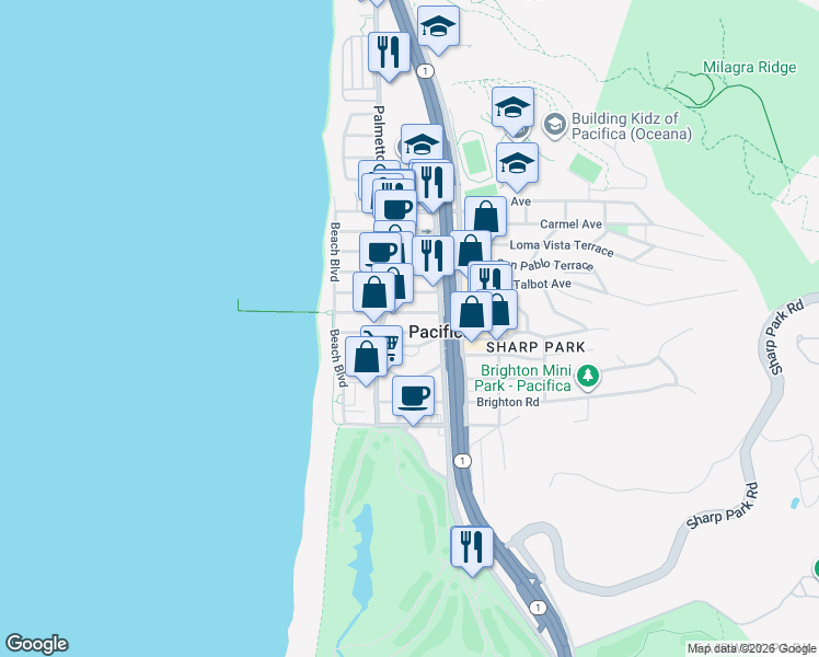 map of restaurants, bars, coffee shops, grocery stores, and more near 125 Santa Rosa Avenue in Pacifica