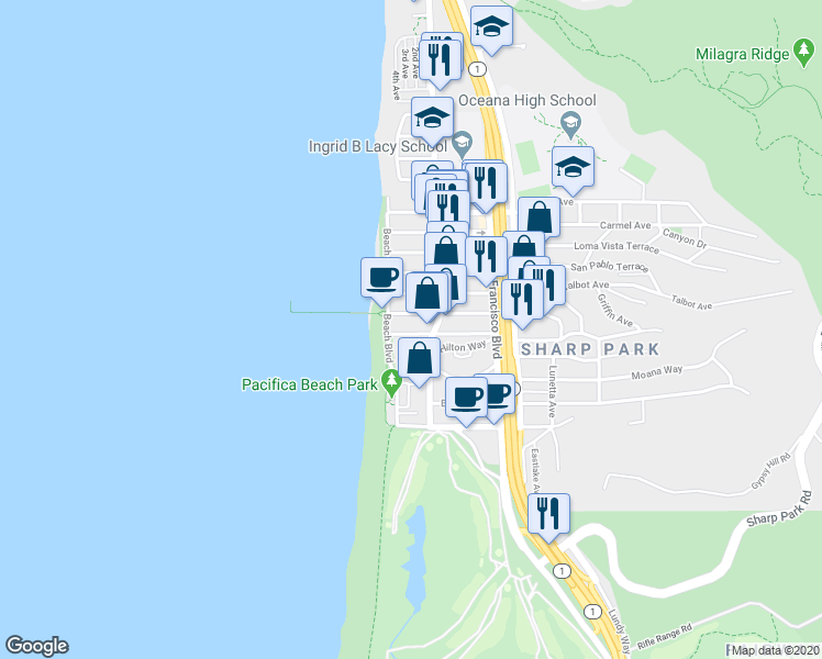 map of restaurants, bars, coffee shops, grocery stores, and more near 65 Santa Rosa Avenue in Pacifica