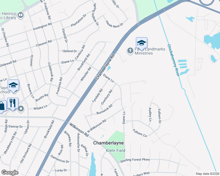 map of restaurants, bars, coffee shops, grocery stores, and more near 8225 Tyndale Road in Richmond