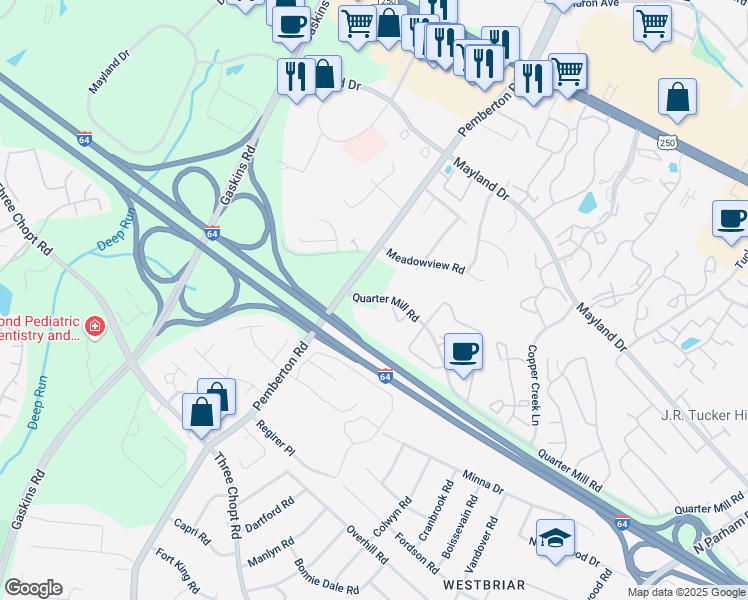 map of restaurants, bars, coffee shops, grocery stores, and more near 3206 Matilda Cove in Richmond