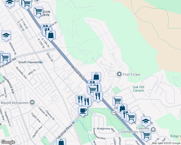 map of restaurants, bars, coffee shops, grocery stores, and more near 721 Delve Court in Hayward