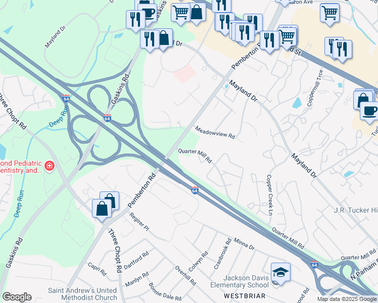 map of restaurants, bars, coffee shops, grocery stores, and more near 3206 Matilda Cove in Henrico