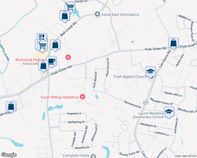 map of restaurants, bars, coffee shops, grocery stores, and more near 8304 Soft Wind Drive in Mechanicsville