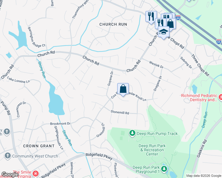 map of restaurants, bars, coffee shops, grocery stores, and more near 11109 Bryans View Court in Richmond
