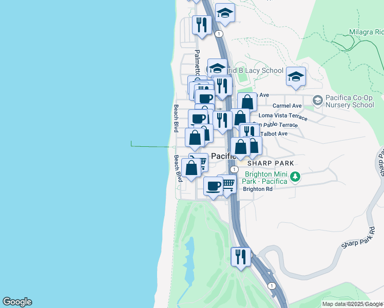 map of restaurants, bars, coffee shops, grocery stores, and more near 77 Montecito Avenue in Pacifica