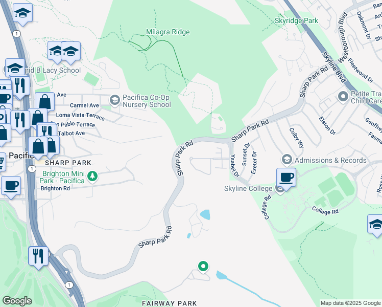 map of restaurants, bars, coffee shops, grocery stores, and more near 800-898 Sharp Park Rd in Pacifica